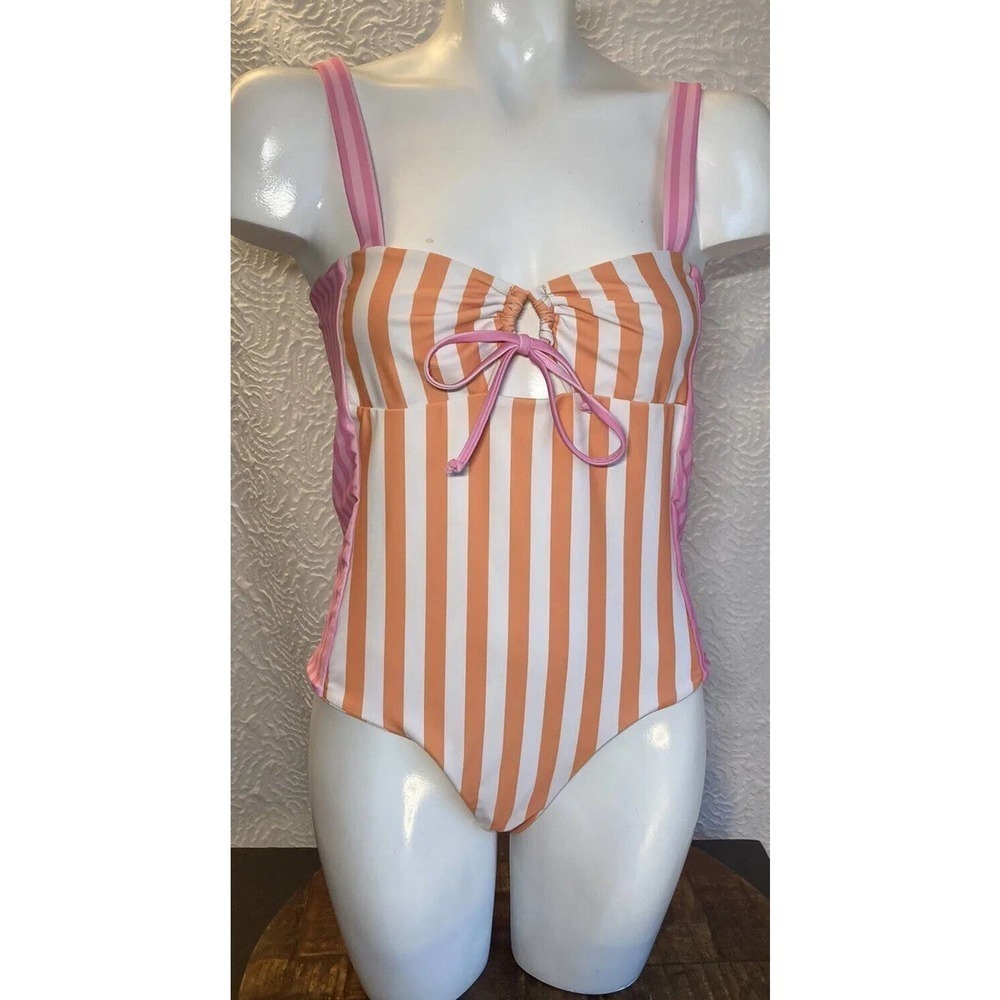 Jack's Swimwear NWT One Piece Swimsuit Orange Pink Stripe Keyhole Tie Large